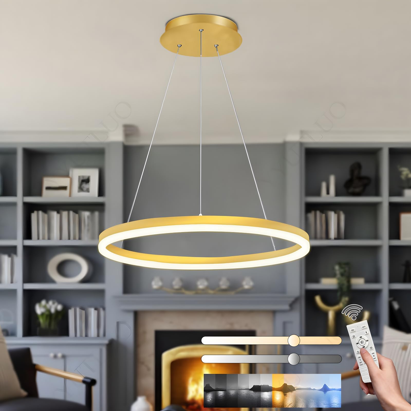 YYUTLUO Modern DIY Circle LED Chandelier, 1 Gold Ring, ∅60cm=29W，H150cm Hight Adjustable, Metal+Acrylic, Dimmable Remote Control Round Ceiling Hanging Lamp, Living Room Bedroom Dining Study Office Bar