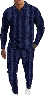 DDDHL Jaqueta masculina casual listrada conjunto de duas peças com zíper colarinho blusa cordão bolso calça conjunto moda esporte top, Azul-marinho, XXG