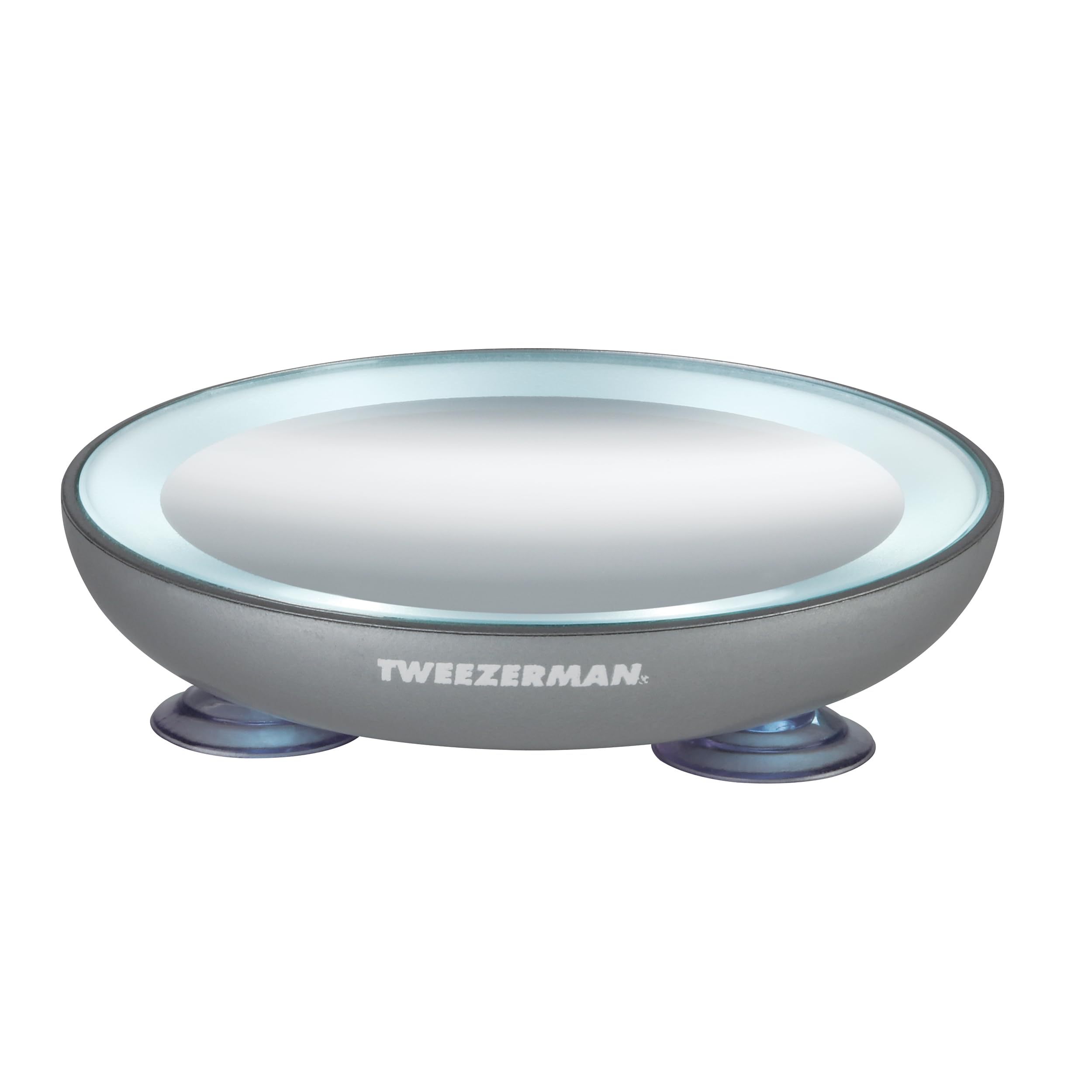 TWEEZERMAN Lusterko kosmetyczne z oświetleniem (15-krotne powiększenie, oświetlenie LED, lusterko do makijażu z przyssawkami, średnica 9 cm), srebrne