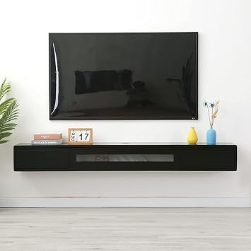 Wall Mounted TV Unit Black TV Wall Cabinet, 55.1" Solid Wood Floating TV Stand Shelf, Wall Mounted TV Unit Multimedia Storage Table for Small Apartment Living Room/140cm