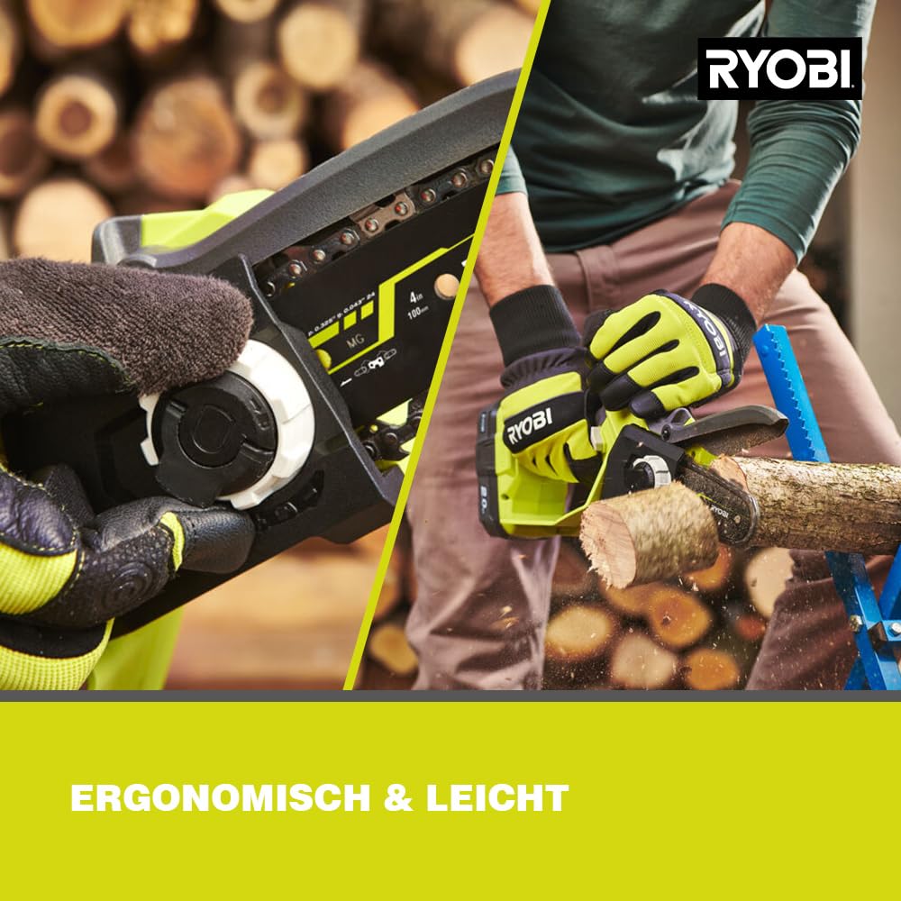 RYOBI 18 V ONE+ Brushless Akku-Astsäge RY18PSX10A-0, 10 cm Schwertlänge, 8 cm Schnittkapazität, Kettengeschwindigkeit bis 6,0 m/s -Variabel einstellbar, ohne Akku und Ladegerät