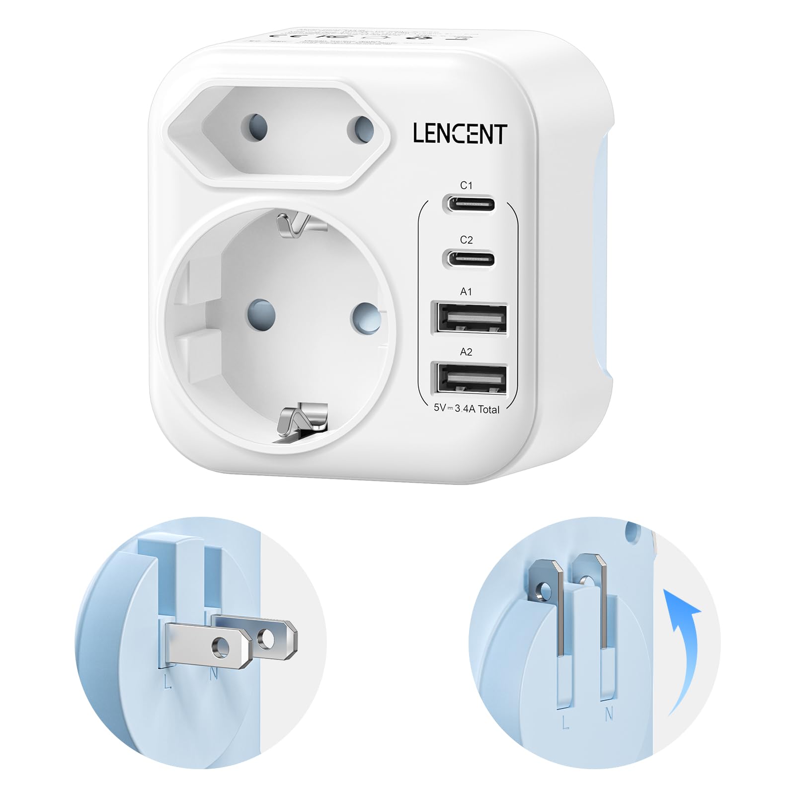 LENCENT Adaptateur de Voyage Japon Adaptateur Prise Type A avec USB-C Prise Pliable pour États-Unis USA Canada Mexique Thaïlande New York