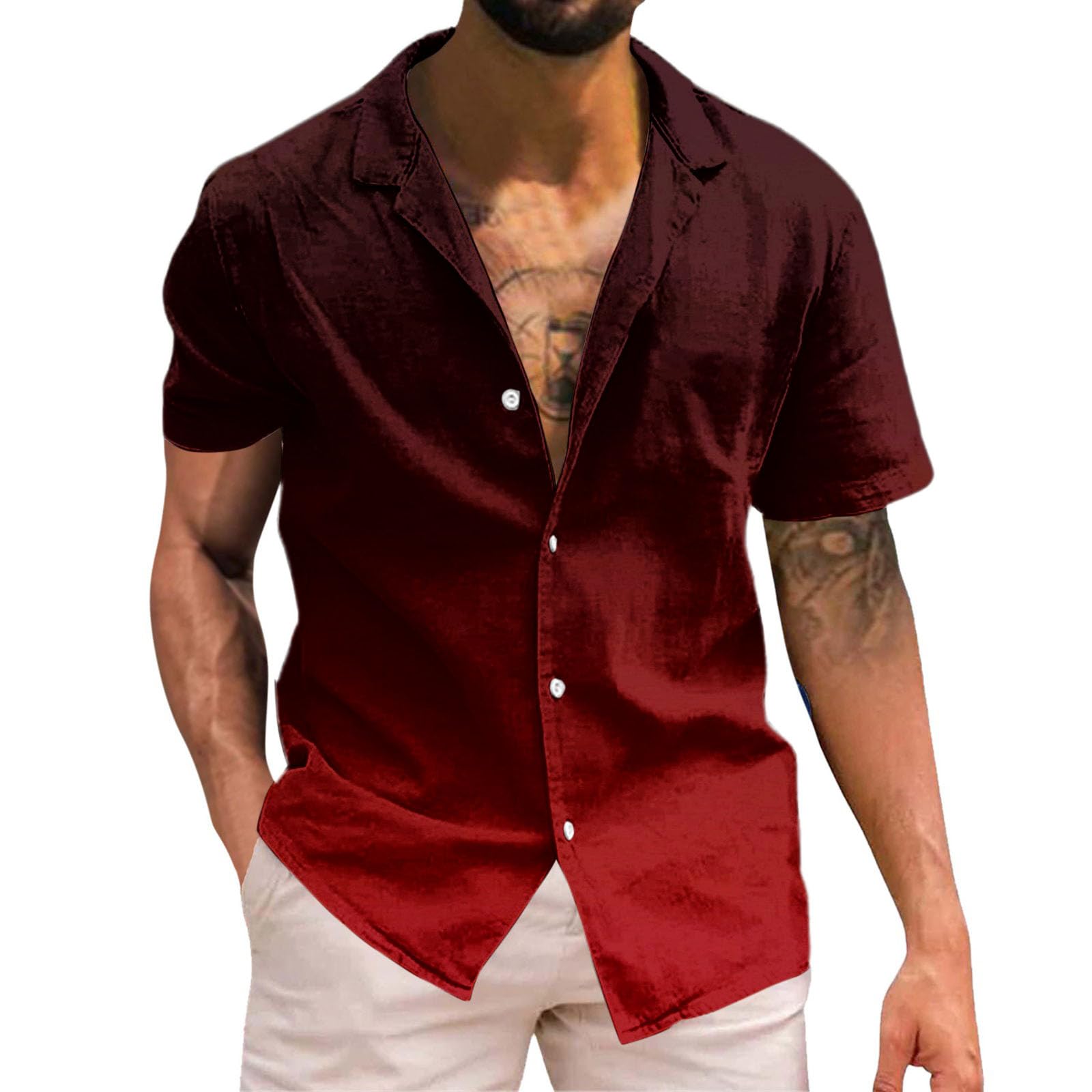 Mens Linen Button Down Dress Shirts Fashion Gradient Color Business Casual Lapel Short Sleeve Tops Lightweight Blouses
