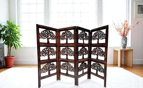 leatherooze Folding Paravent 4 Panel Divider Screen, Freestanding Partition Wall Panel Privacy Furniture for Living Room, Bedroom and Office (Dark Brown)