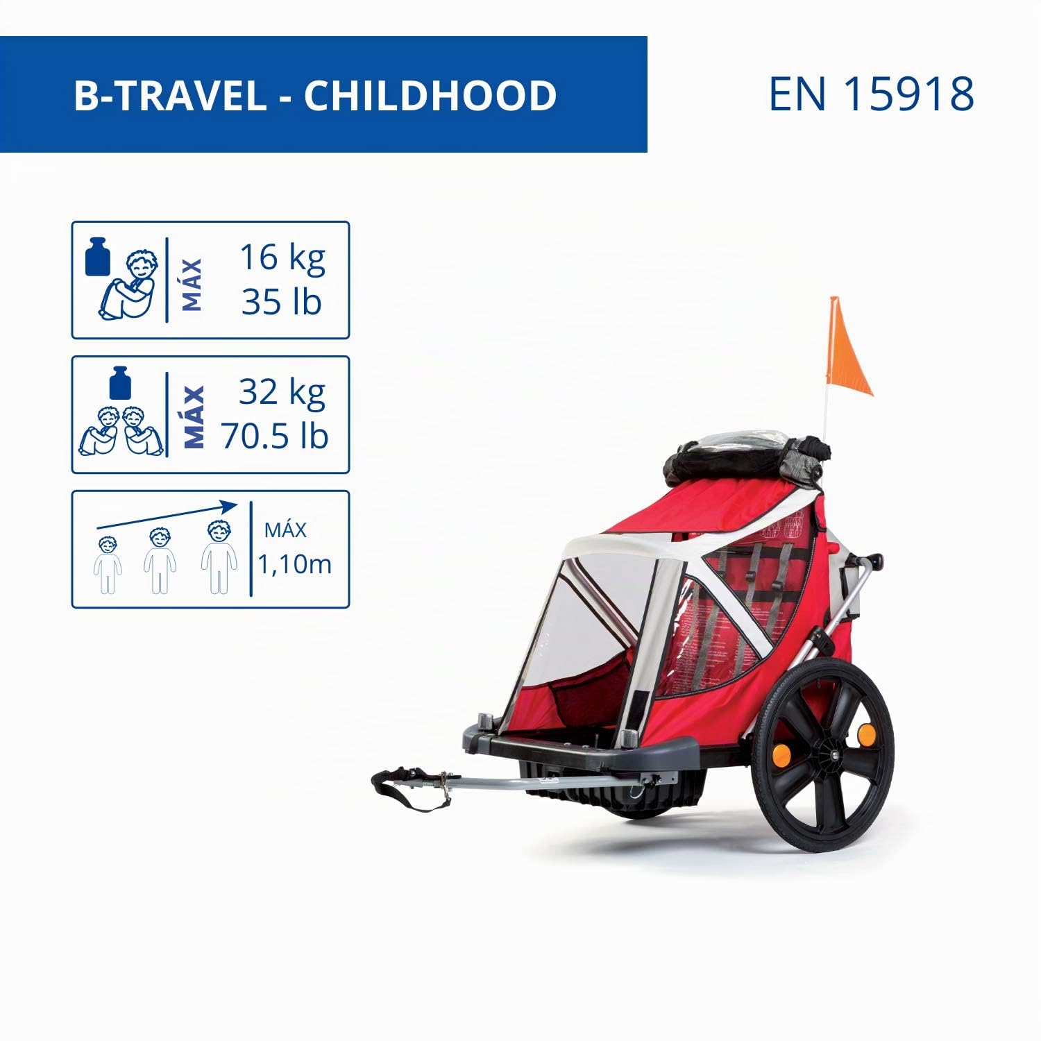b bellelli B-Travel - Remolque para niños, de enganchar a la Bicicleta - para niños con un Peso máximo de 16 kg y una Altura máxima de 1,10 m - Fijación a la Bicicleta
