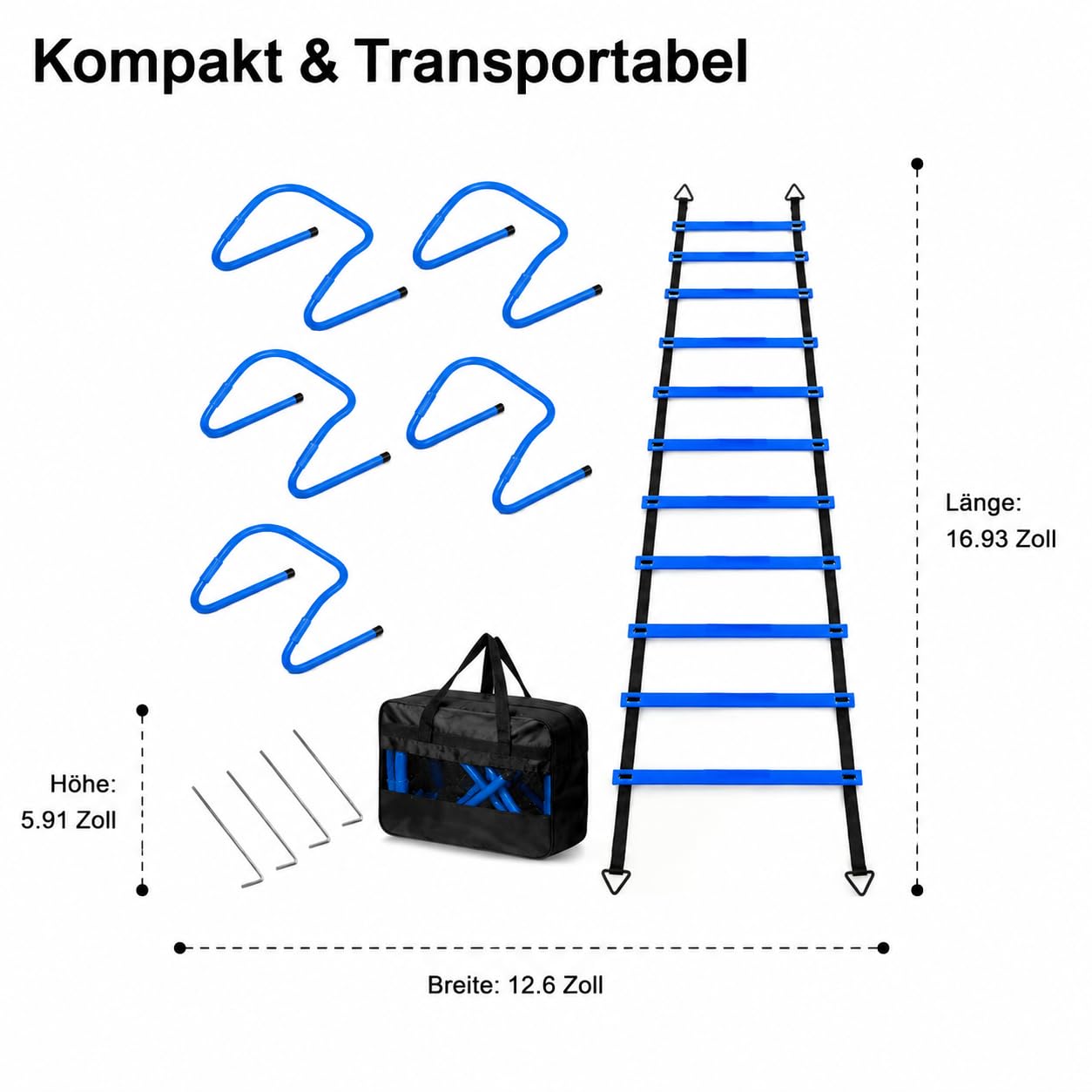 Fussball Trainingszubehör Agility Set, Koordinationsleiter 6m mit 42.5cm Sprossen, 12 Hütchen 16cm Scheiben, mit Tasche für Fußballspieler, Agility-Leiter-Set 4