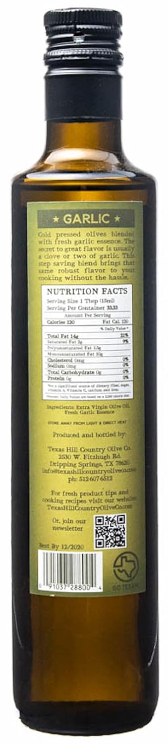 Texas Hill Country Olive Co Garlic Infused Olive Oil - Cold Pressed Gourmet EVOO Olive Oil - Great for Dressing Dipping Marinade - No Artificial Flavors or Added Sugar - Made in Texas (16.9 oz)