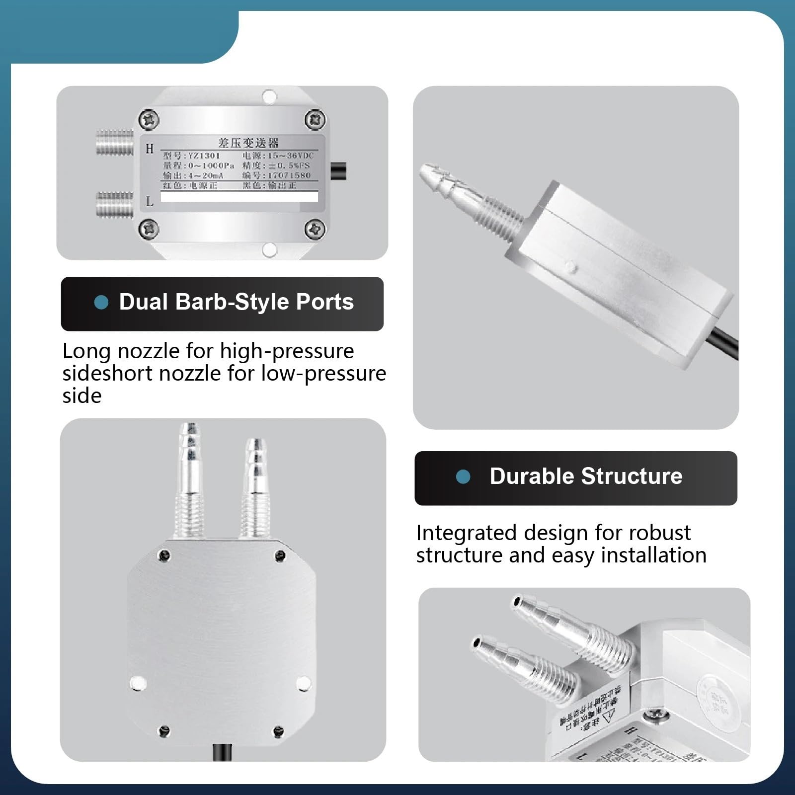 Sensor de presión estática HVAC, transmisor diferencial for monitoreo filtros aire en conductos habitaciones Alta precisión(4-20MA,0-1000Pa)
