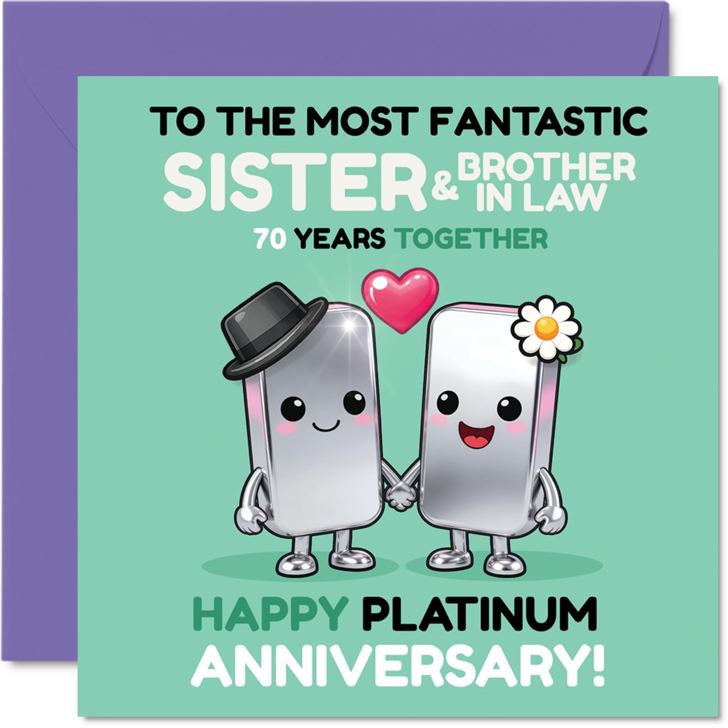 Playful 70th Anniversary Card for Sister & Brother In Law - Playfully Celebrates 70 Years Together - Cute Cartoon Couple Design with Cheerful Colours - 145mm Square, Envelope Included