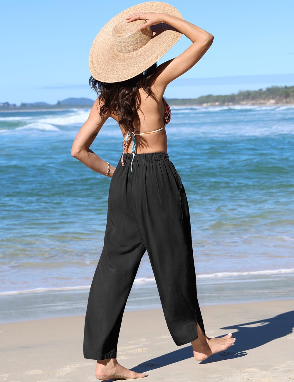 TARSE Women's Linen Harem Pants Casual Loose Fit Wide Leg Cropped Lightweight Drawstring Elastic Waist Pants with Pockets - Image 4