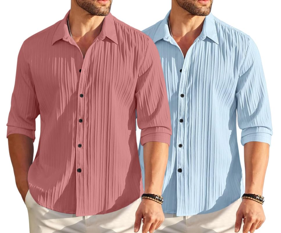 Image of FINIVO FASHION Men's Cotton Blend Shirt Set Lightweight, Full Sleeves, Plain Texture, Button Closure, Summer Ready (Pack of 2)