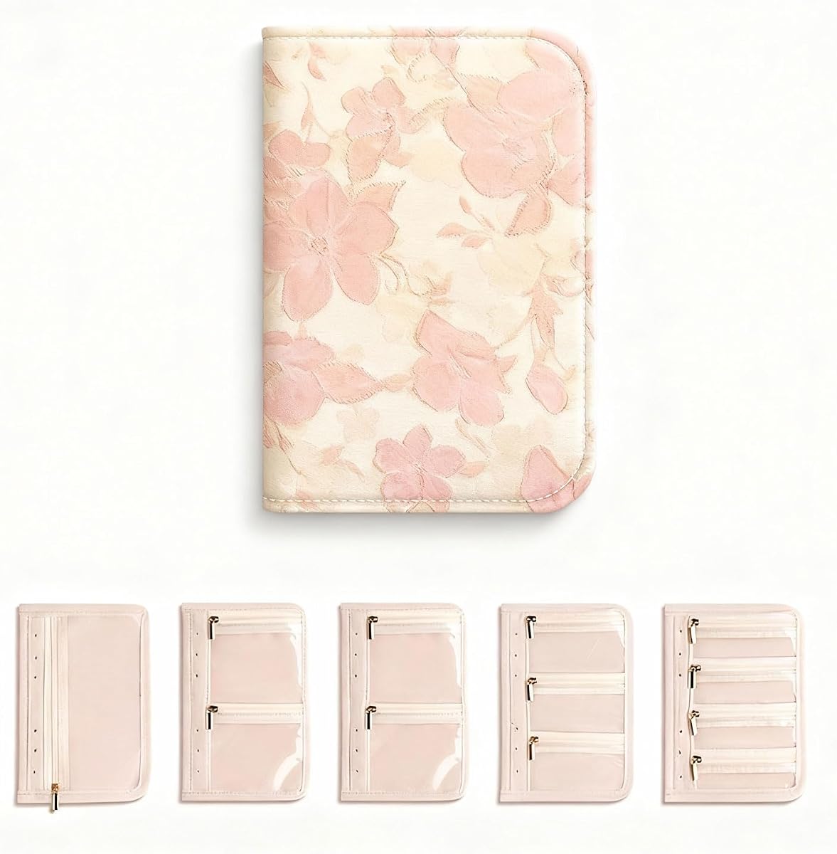 Travel Jewelry Organizer Booklet with 5 PCS Pages & 12 Zippered Pocket, Portable Jewelry Storage Pouch with PVC Windows – Mini Jewelry Travel Case for Necklaces, Rings & Earrings (Pink Floral)