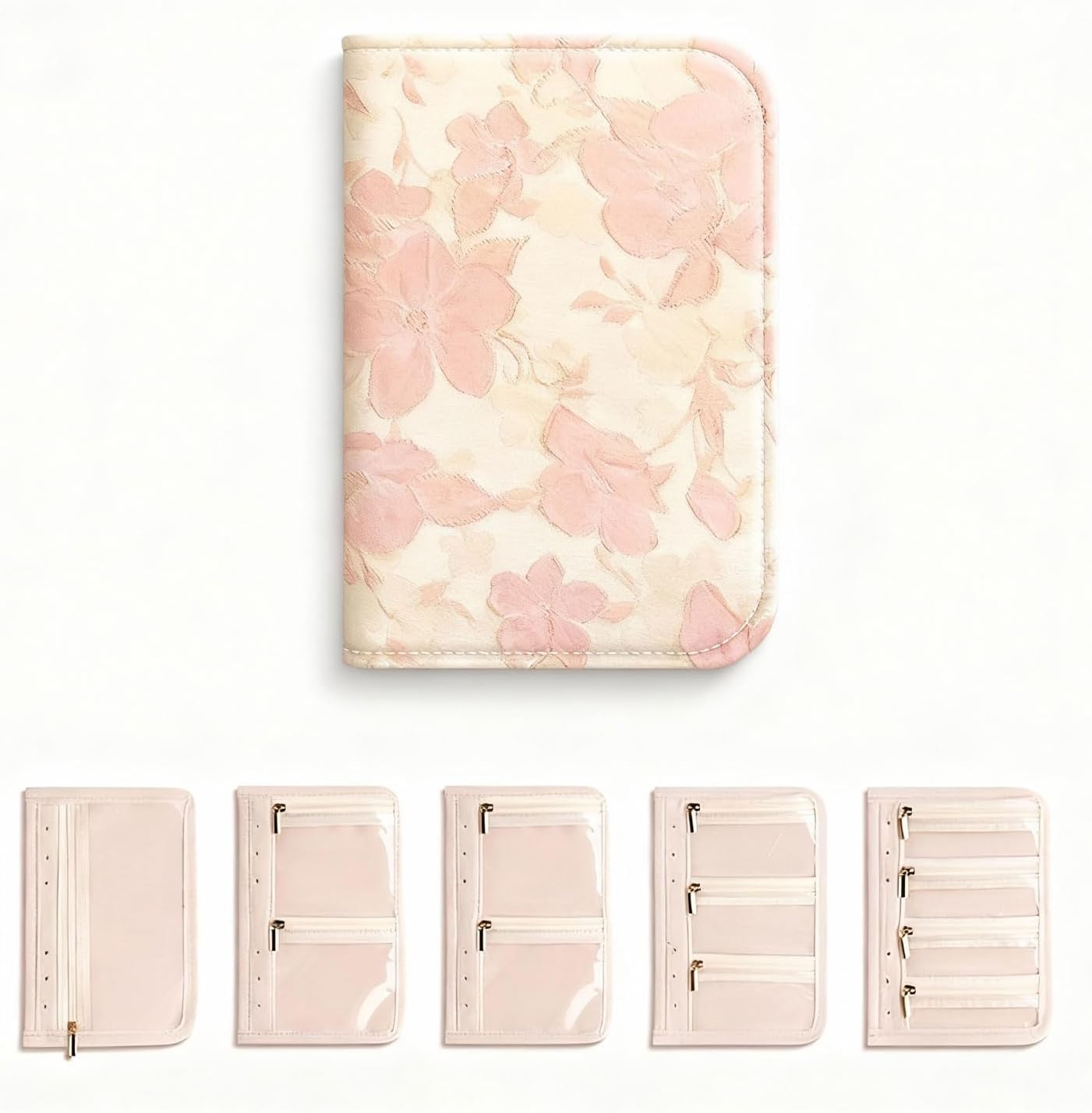 Travel Jewelry Organizer Booklet with 5 PCS Pages & 12 Zippered Pocket, Portable Jewelry Storage Pouch with PVC Windows – Mini Jewelry Travel Case for Necklaces, Rings & Earrings (Pink Floral)