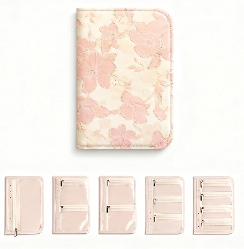 Travel Jewelry Organizer Booklet with 5 PCS Pages & 12 Zippered Pocket, Portable Jewelry Storage Pouch with PVC Windows – Mini Jewelry Travel Case for Necklaces, Rings & Earrings (Pink Floral)