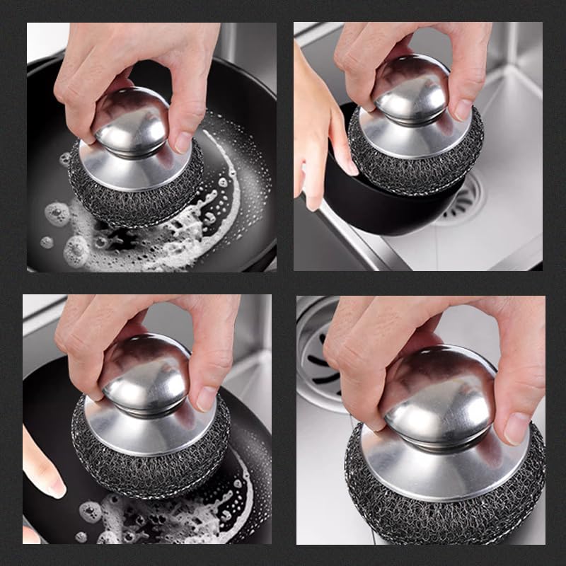 Image of Stainless Steel Wool Scrubber with Handle: 4Pcs Dish Scrubbers Steel Wool Scrubber Tool, Heavy Duty Pot Scrub Brush Pads for Scouring Cleaning Dishes Iron Pots Stoves Wash Sink Grills