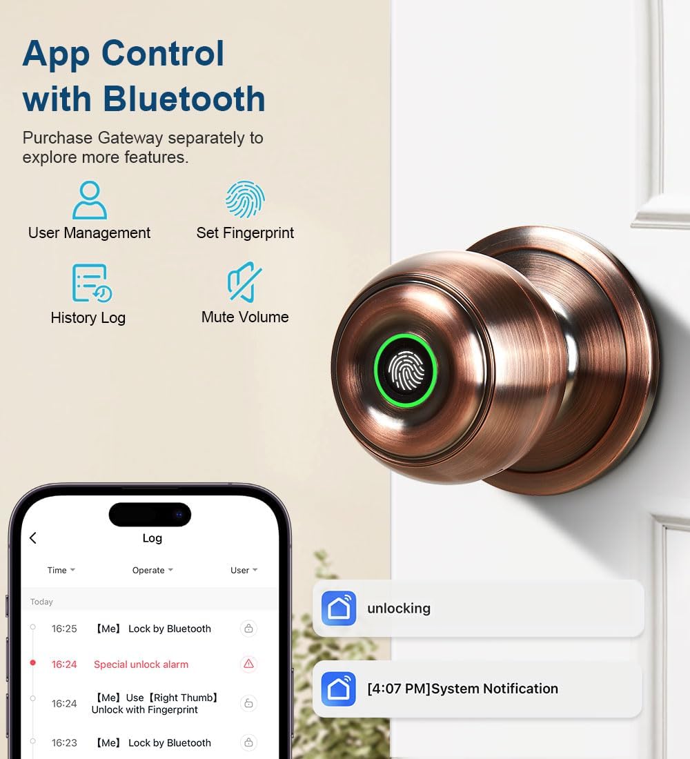 Fingerprint Door Lock, Smart Fingerprint Door Knob with Lock, Biometric Doors Locks with App Control & Key, Keyless Thumbprint Entry Door Locks for Bedroom, Front Door, Home-Antique Copper
