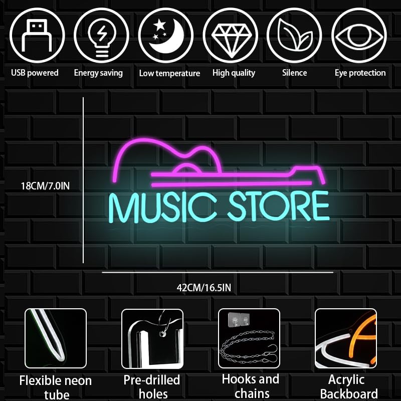 Image of Music Store Neon Sign for Wall Decor, Dimmable Guitar Neon Light, USB Powered Guitar LED Light Signs for Bedroom Studio Music Live Record Club Bar Party