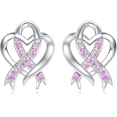 Heart Pink Ribbon Necklace Earrings 925 Sterling Silver Inspirational Breast Cancer Awareness Jewelry Gift for Women Cancer Survivor