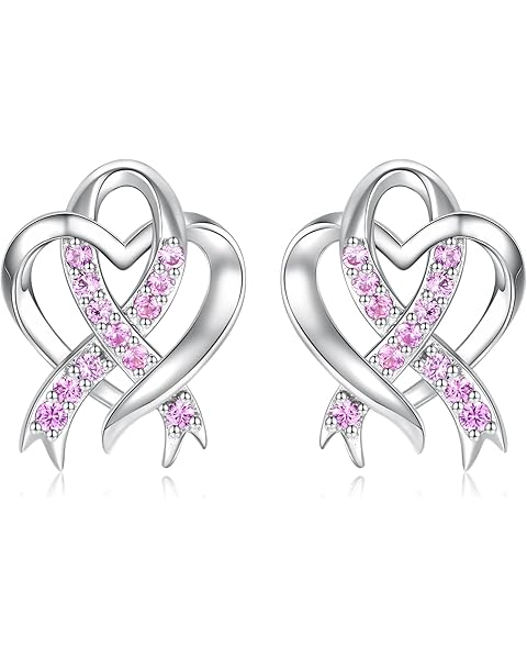 Heart Pink Ribbon Necklace Earrings 925 Sterling Silver Inspirational Breast Cancer Awareness Jewelry Gift for Women Cancer Survivor