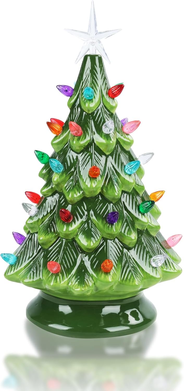 VCUTEKA Small Ceramic Christmas Tree Hand-Painted Vintage Tabletop Green Christmas Tree Holiday Decoration with Multi-Color Lights 12.2 inch - Image 7