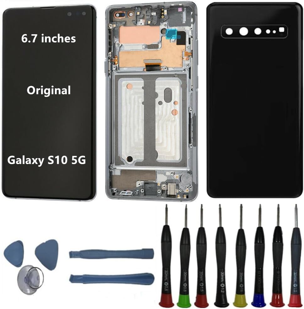 6.7" Original AMOLED for Samsung Galaxy S10 5G SM-G977U SM-G977P SM-G977B Screen Replacement S105g Display Touch Screen Assembly Not for S10 and S10 Plus (with Silver Frame+Back Cover+Tools)