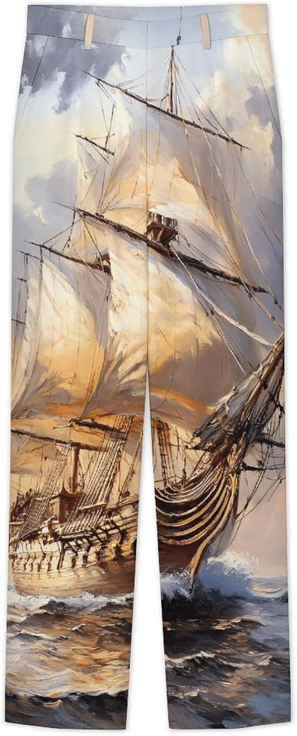 Sailing Ship with Masts Men's Classic Fit Suit Pants Straight Leg Design Printed Trousers