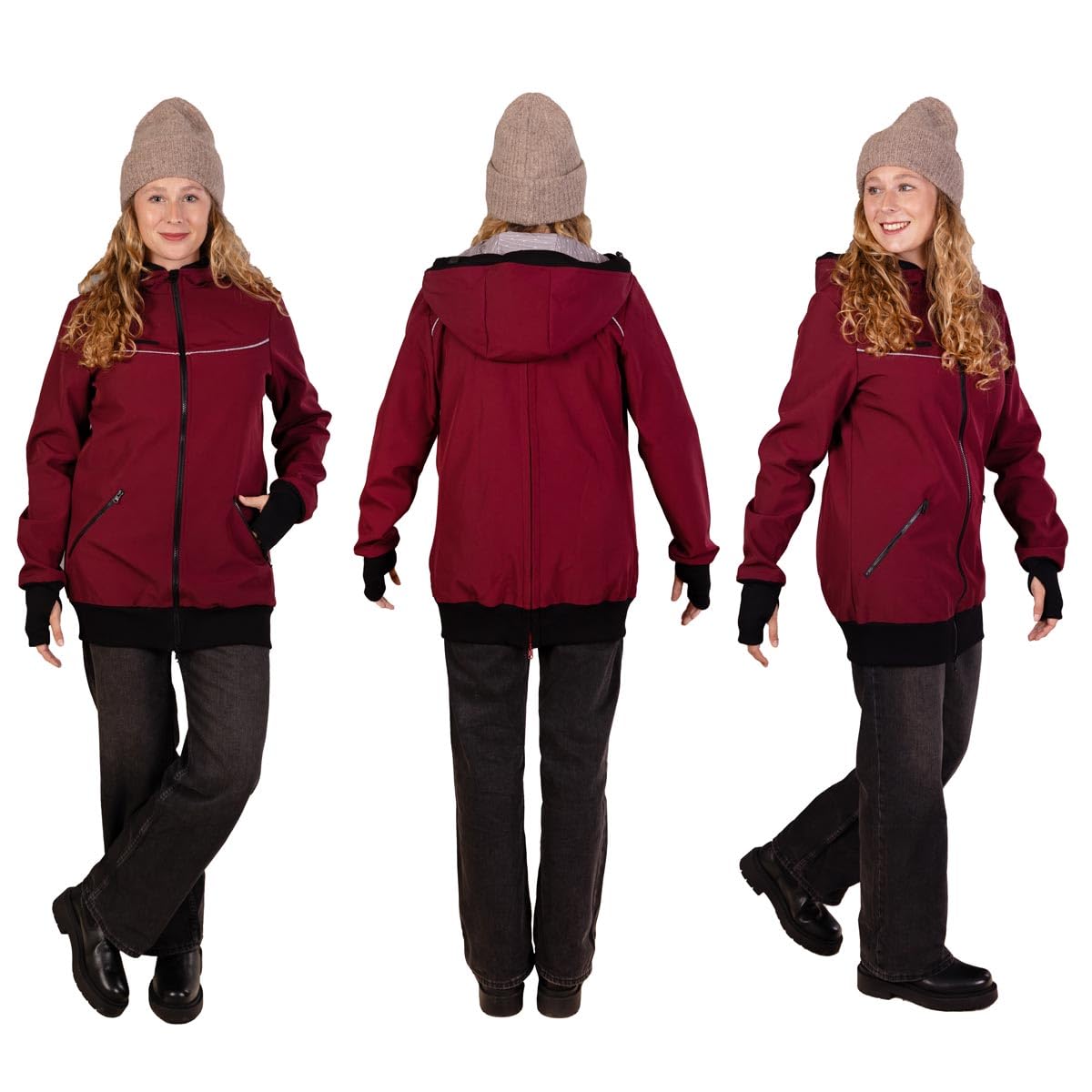 Viva la Mama - 4in1 Allwetter Tragejacke für Vorn- und Rückentragen Umstandsjacke Softshell - AVENTURIS - Burgunder - L