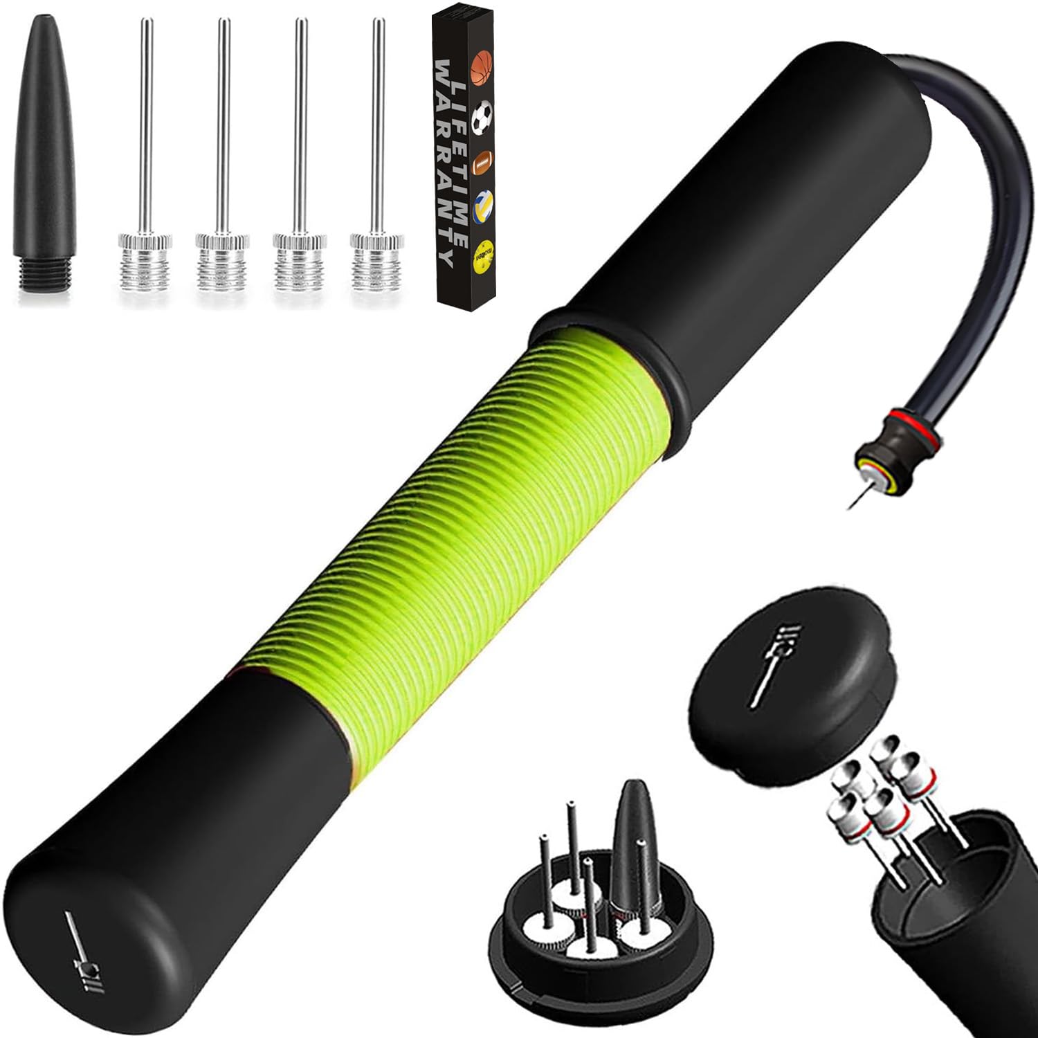Ball Pump with Needle Storage, 5 Needles &amp; Extension Hose for Sports Balls