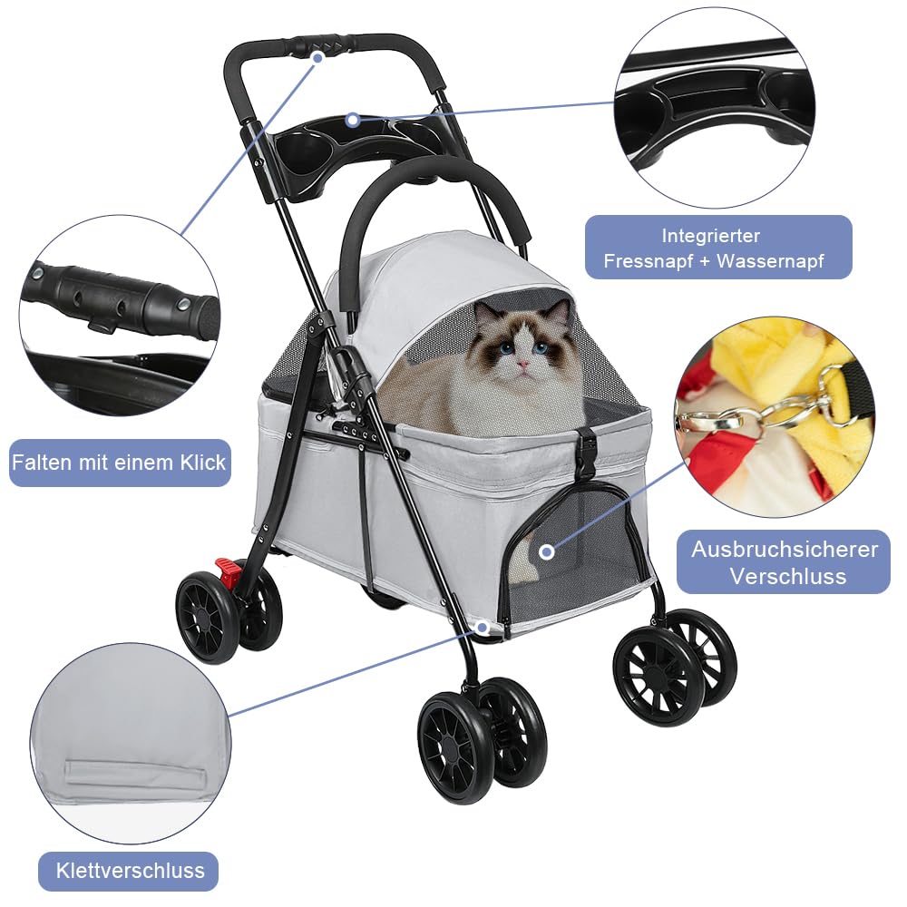 Homewell Faltbarer Hundebuggy für Hunde, Haustiere Buggy, Hundewagen mit abnehmbarer Transportbox, Getränkehaltern, Ablagefach und Netzfenstern, Klappbar, bis 20 kg (Grau)