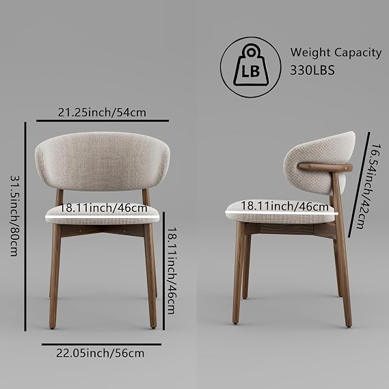 Modern Solid Wood Dining Chairs Set of 2 with Curved Back, Ergonomic Upholstered Seat, Natural Wood Legs with Adjustable Anti-Slip Foot Pad (Walnut, Set of 2)