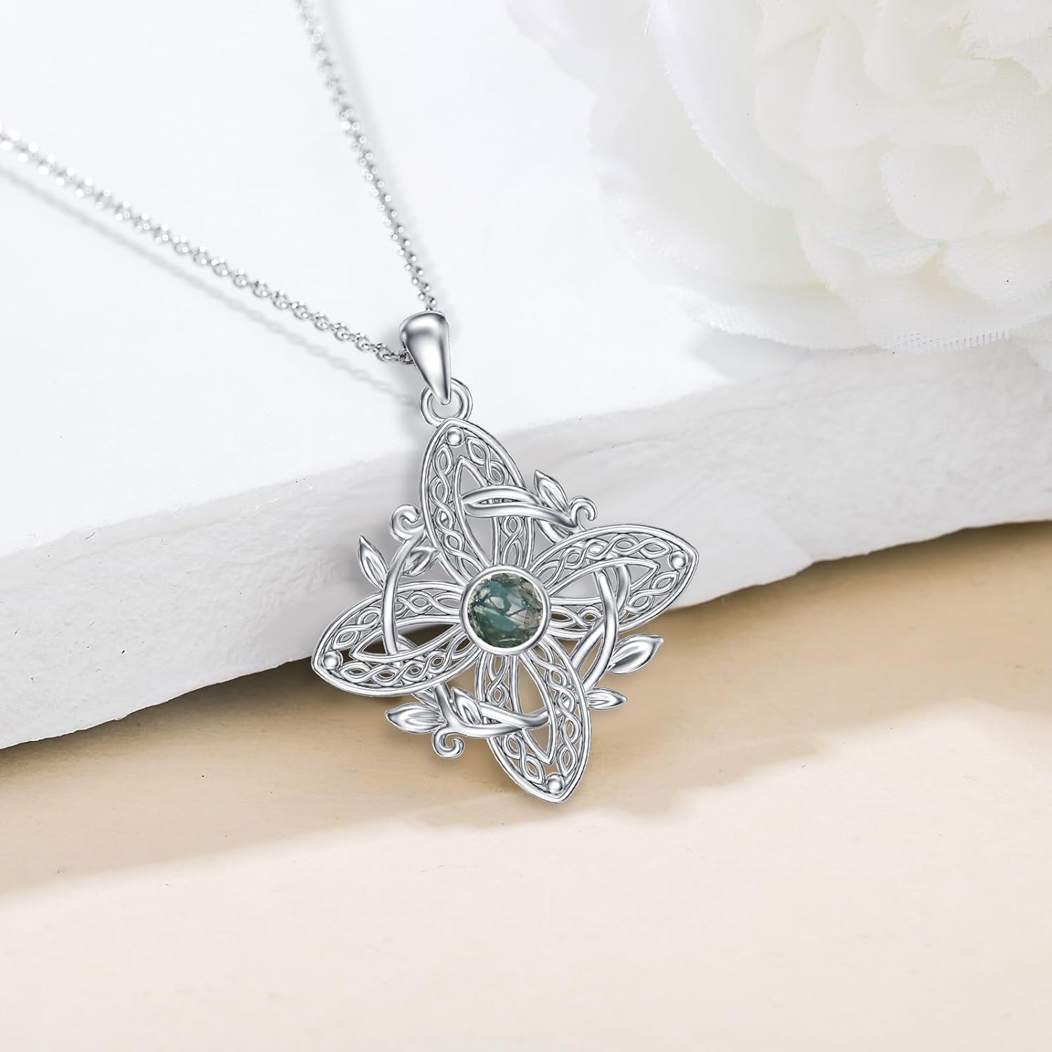 LONAGO Witches Knot Moss Agate Necklace 925 Sterling Silver Original Protection Witch Celtic Knot Pendant Necklaces Wiccan Witchy Pagan Jewelry for Women