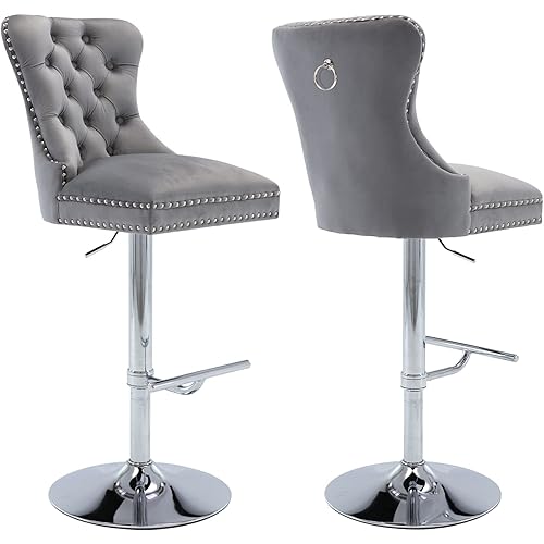 Kmax Adjustable Barstool with Ring Pull Velvet Upholstered Swivel High Bar Stool Chair with Back Modern Counter Stool for Home Kitchen Bar, Gray, 2PCS