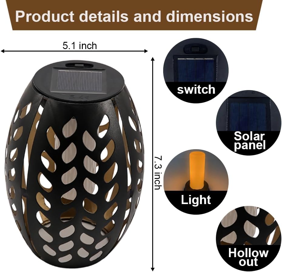 4PCS Solar Table Lanterns with Flickering Flame Light Outdoor Waterproof, Metal Desktop Decorative Lamp with Hollow Design for Tabletop Garden, 7.3" H Black