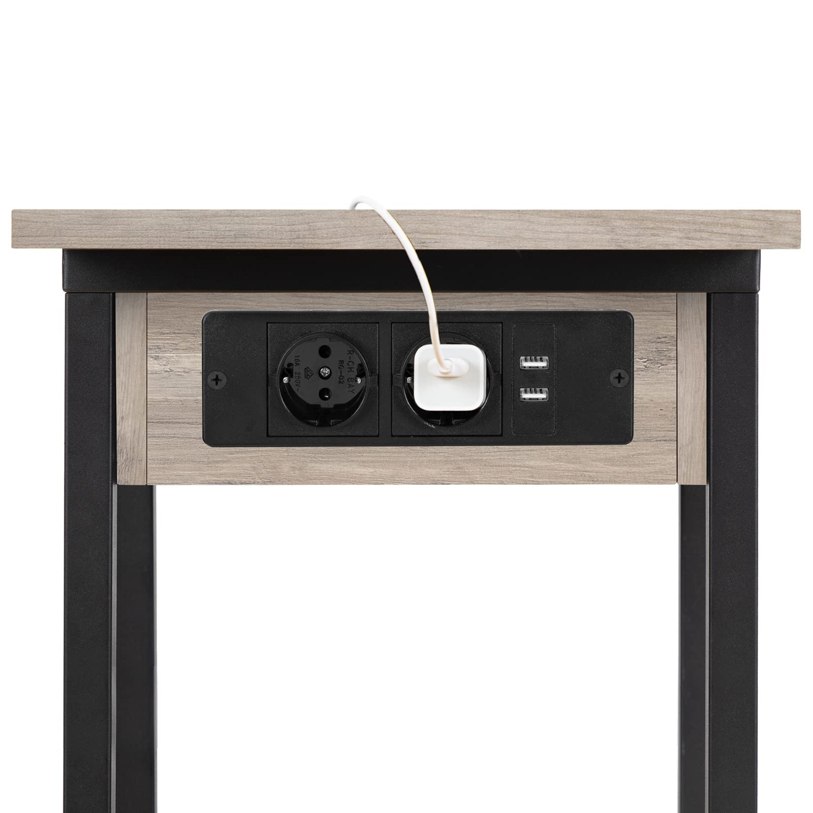 HOOBRO Mesa Auxiliar con Estación de Carga, Mesa de Centro Abatible en Forma de C con Ruedas y Estante de Almacenamiento, Puertos USB Tomas Corriente, para Salón Dormitorio, Greige y Negro EBG022SF01