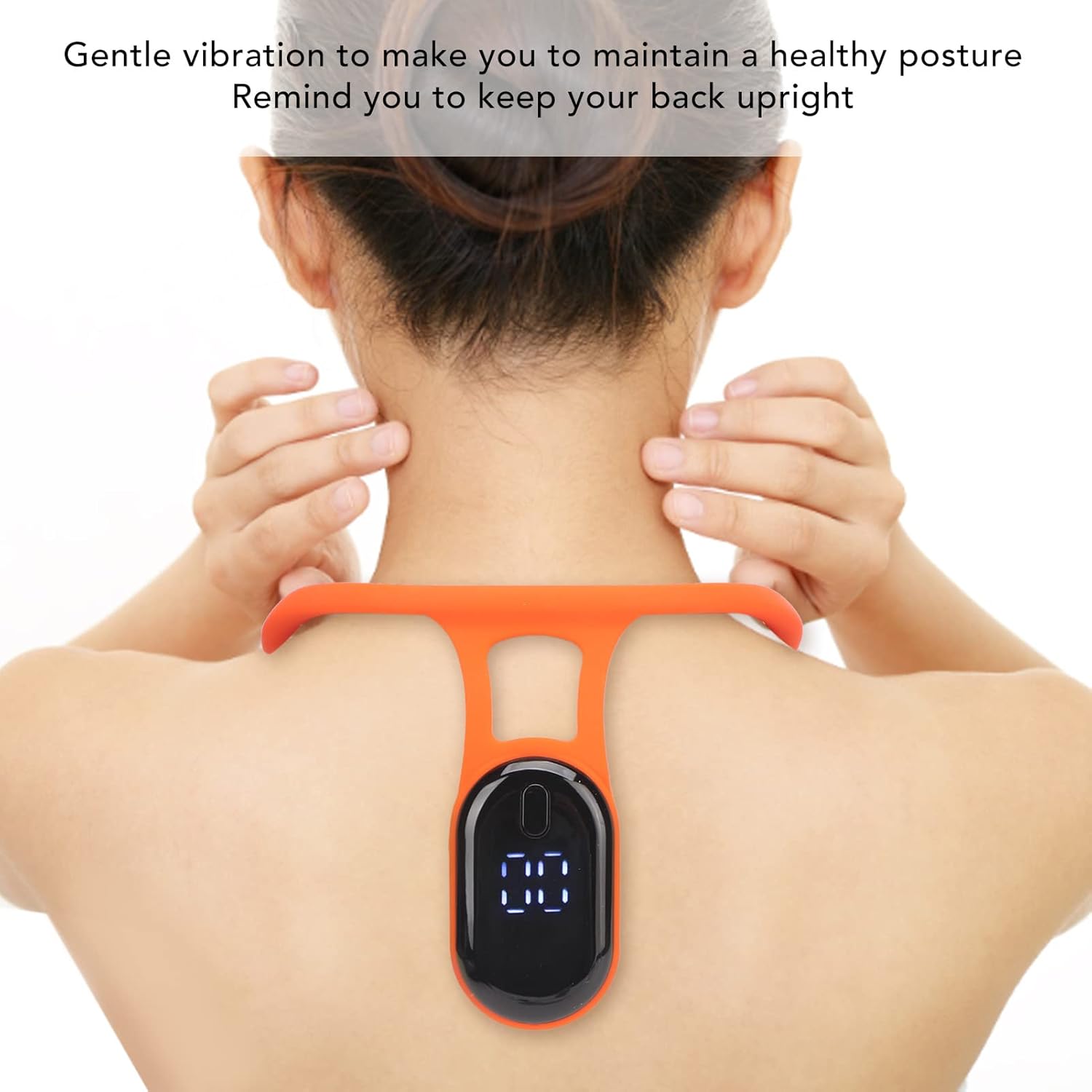 Close-up of the Fyearfly Smart Posture Corrector on a person's back, with a text overlay indicating 'Gentle vibration to make you to maintain a healthy posture. Remind you to keep your back upright.'