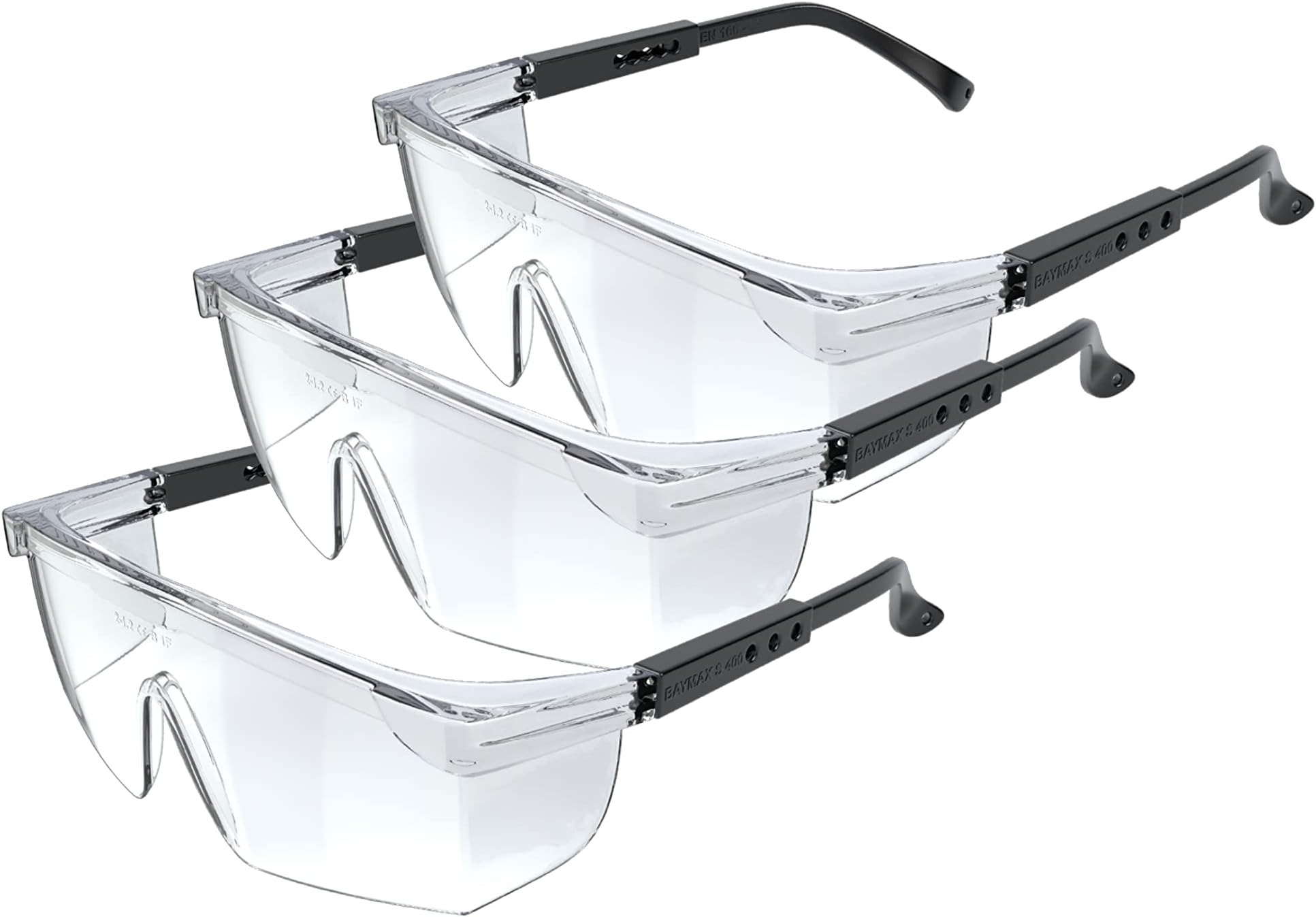 3 Pack Baymax Safety Glasses with Clear Anti Fog Scratch Resistant Wrap-Around Lenses and No-Slip Grips, UV Protection. Adjustable, Black Frames