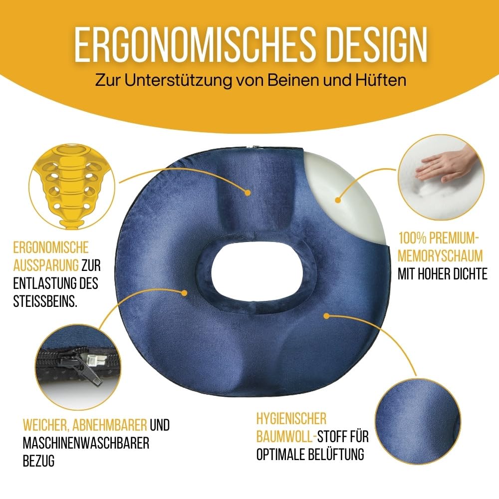 Inphysio Steißbeinkissen in Donutform - Orthopädisches und ergonomisches Kissen aus Memory-Schaum - Stuhlkissen Büro, Auto - Rückenschmerzen, Schwangere, Hämorrhoiden - 45x40x7 cm