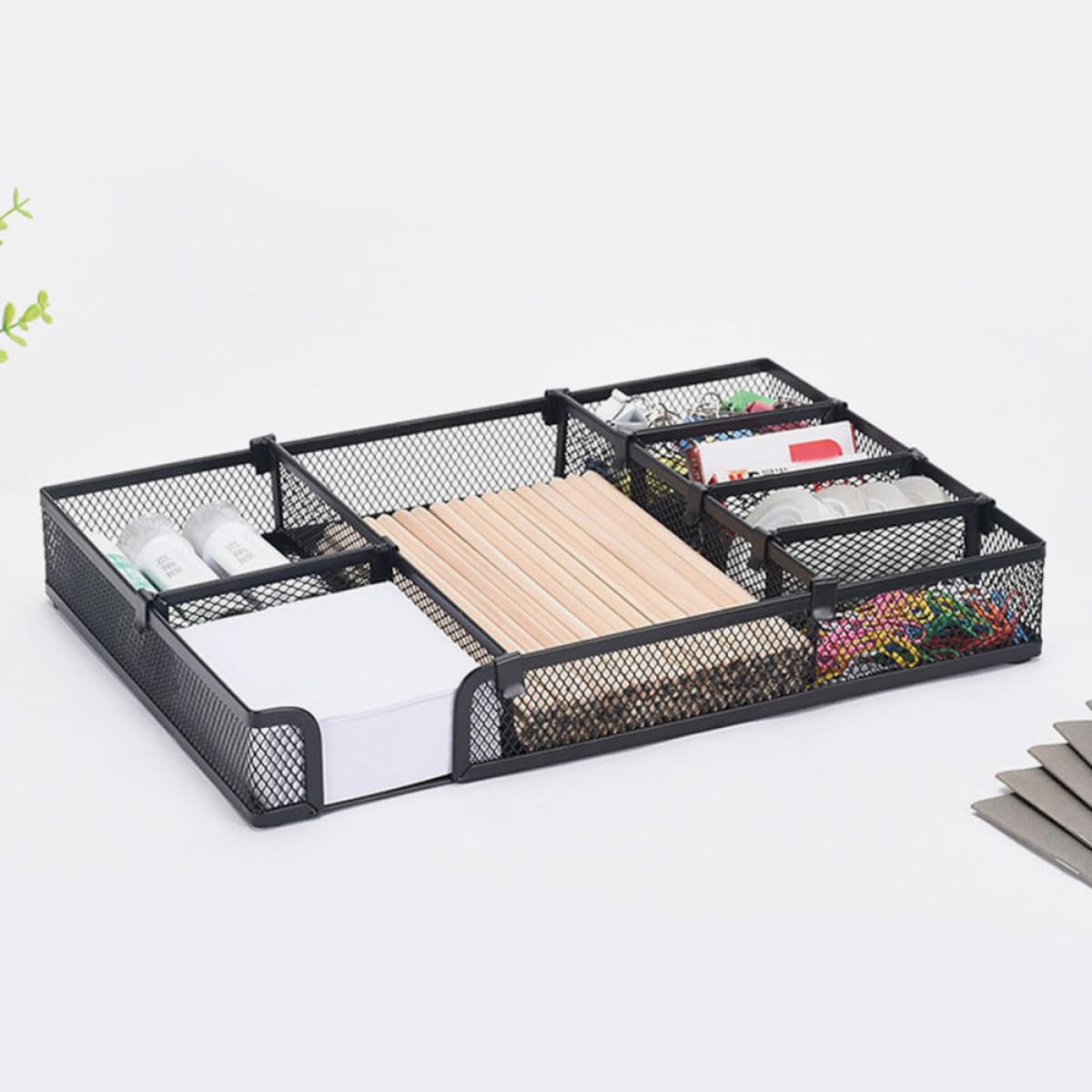 Healeved Organizador de Escritorio de Metal Negro DIY Bandeja de Malla Portalápices Metálico y Compartimentos para Cajones Adecuado para Oficina y Material de Oficina Organizadores de