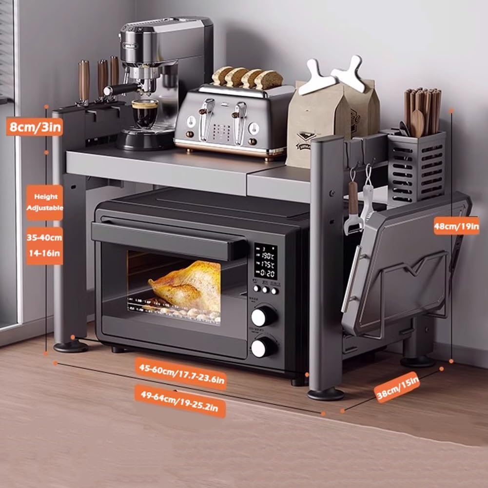 Microwave Oven Rack Expandable Carbon Steel Microwave Shelf with 6 Hooks and Cutting Boards Stand Kitchen Microwave Stand