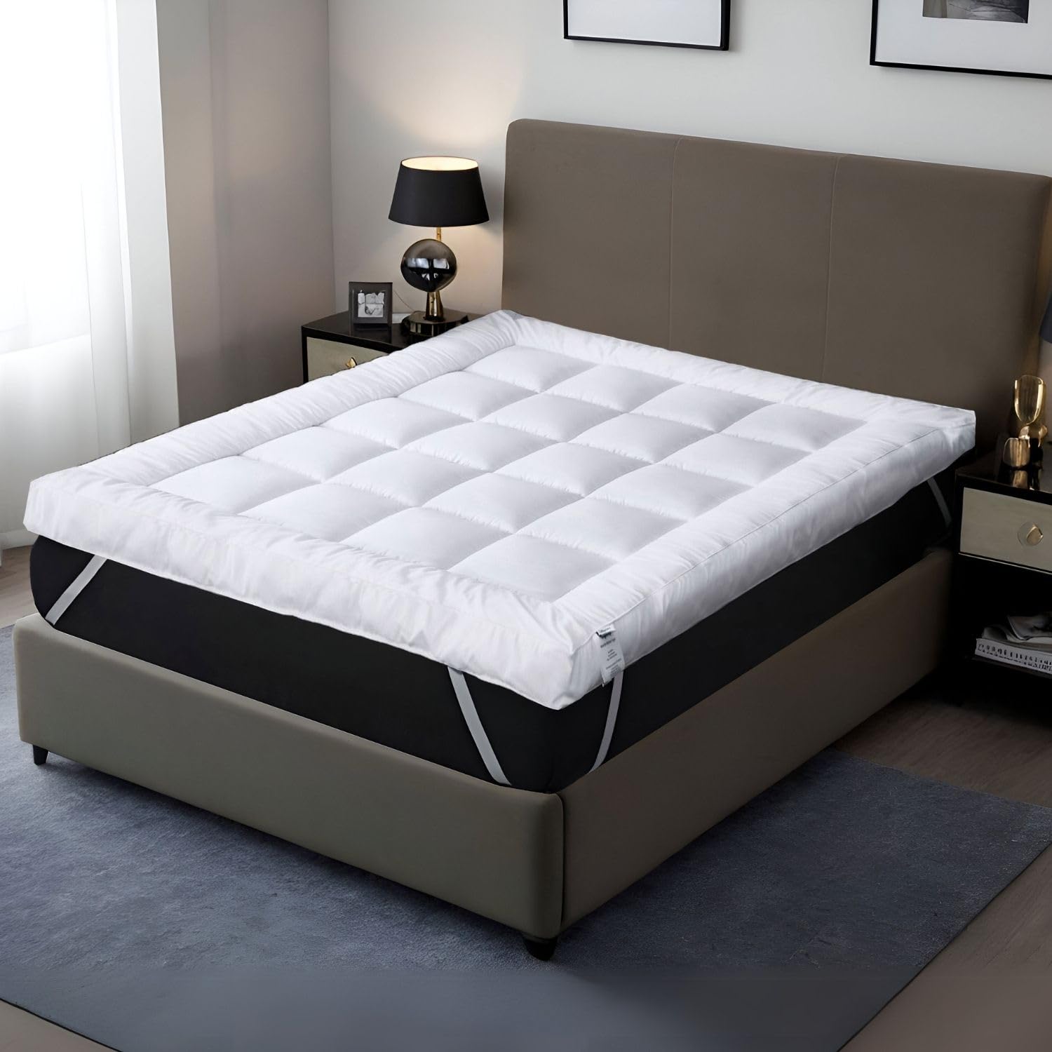 10cm Mattress Topper Hotel Quality Extra Deep Box Stitched Microfibre Super Soft & Comfy With Corner Straps, Anti-Allergy, Hypoallergenic, Machine Washable (Small Double 4FT)