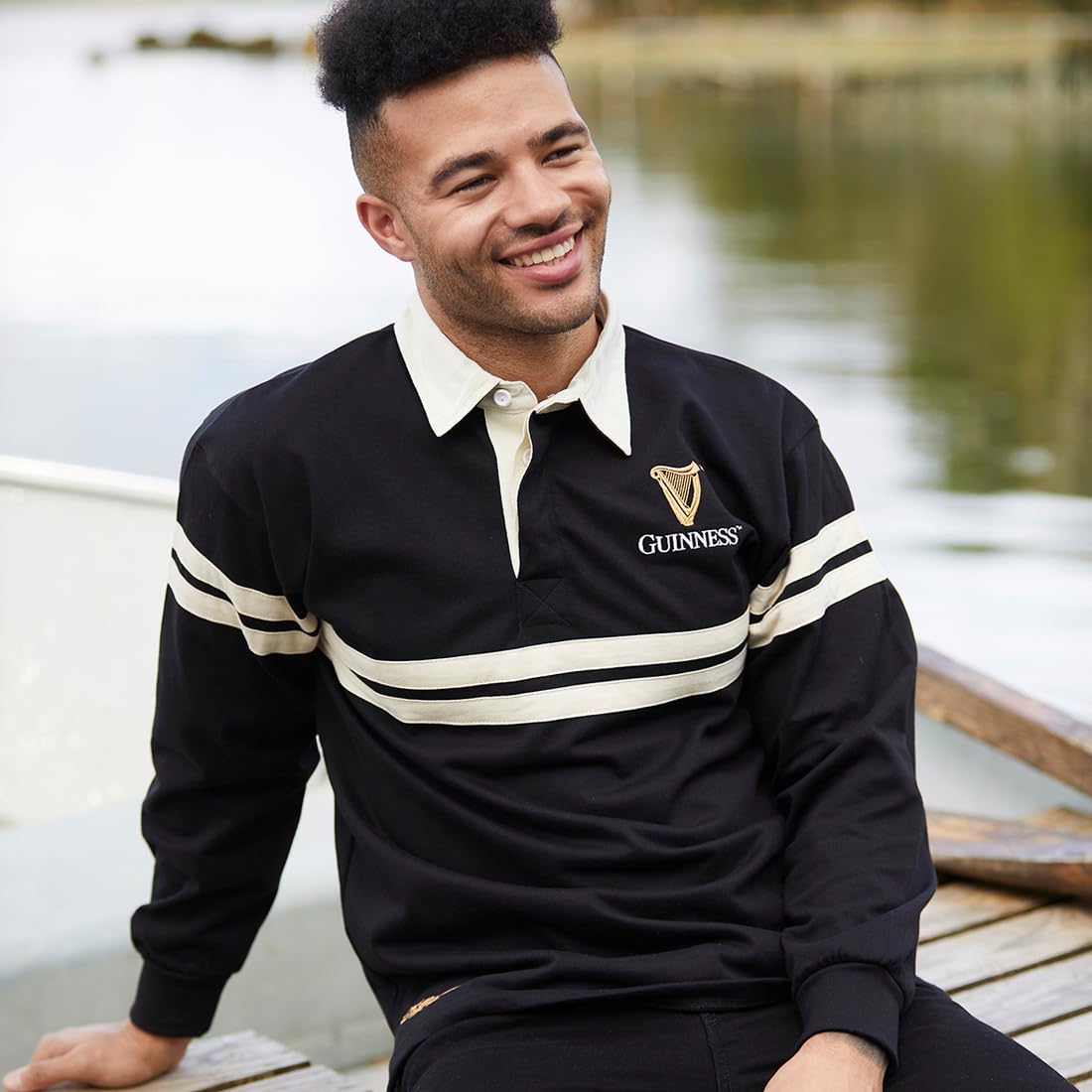 Maillot de rugby Guinness pour homme Irlande à manches longues Noir Harp Tape
