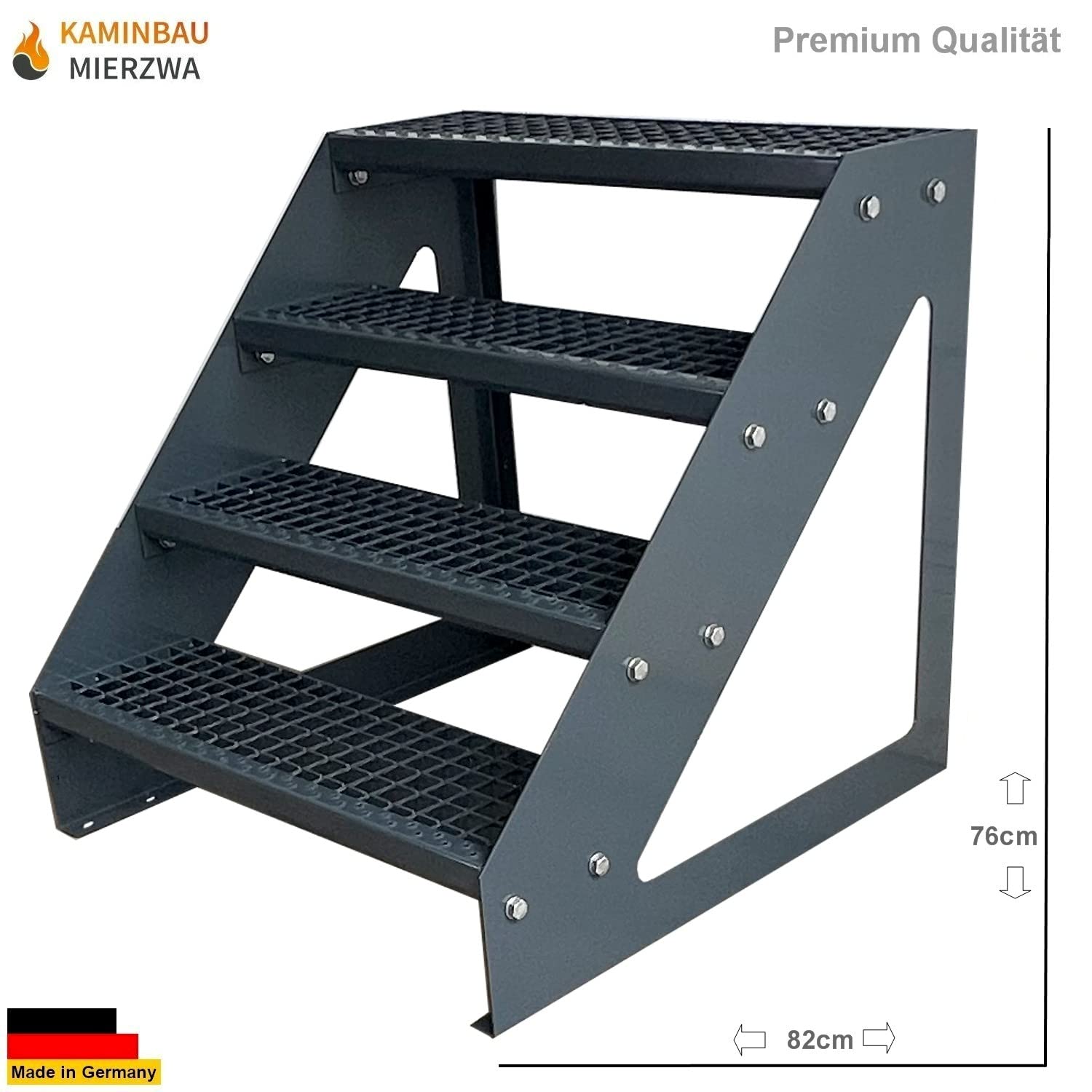 Premium Caillebotis acier Escalier à limon 4 Marches Autoportant Entièrement galvanisé et Anthracite Revêtu par poudre - Dimensions (L x l x H) 82cm x 100cm x 76cm