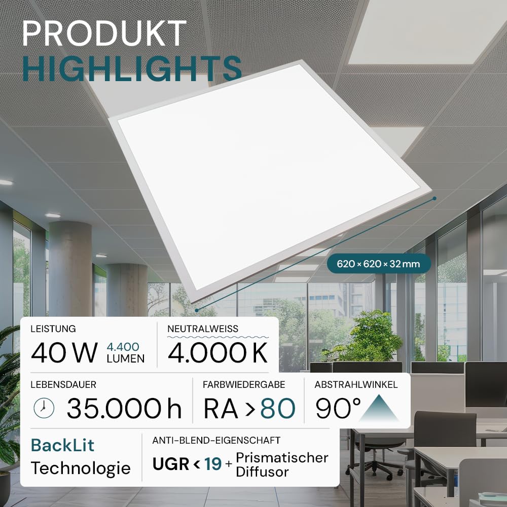 LUXULA 6x LED Panel 62x62cm - Rasterleuchte optimal für Arbeitsplätze Büro - Backlit - UGR<19 blendfrei - 40W 4400lm - 4000K Neutralweiß - flimmerfrei - inkl. Netzteil