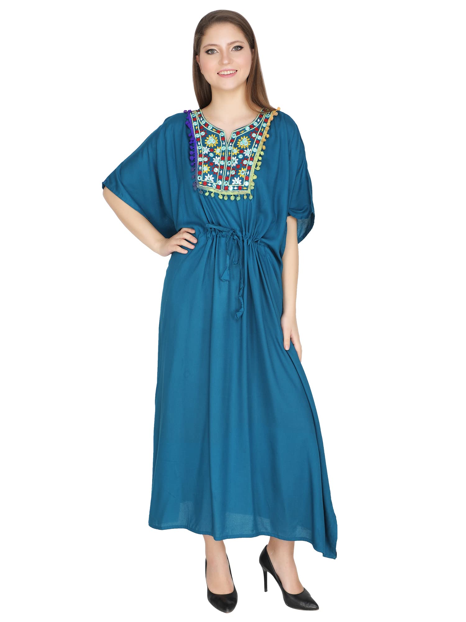 ukal Women’s and Girl’s Summer Embroidery Short Sleeve Bikini Swimsuit Cover Up Maxi Kaftans Beach Dress (X-Large, Teal)-picture-49
