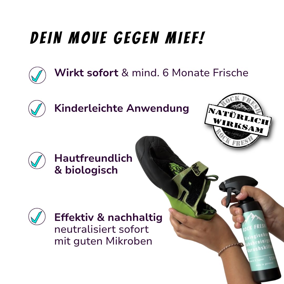 Biologisches Schuhdeo & Schuhspray gegen Käsefüße/Schweißfüße 250 ml Konzentrat – biologischer Geruchsentferner gegen stinkende Schuhe – für Kletterschuhe, Boulderschuhe und mehr | Rock Fresh | Biologisch & probiotisch – Schuhreinigung und Schuhdeo in ein