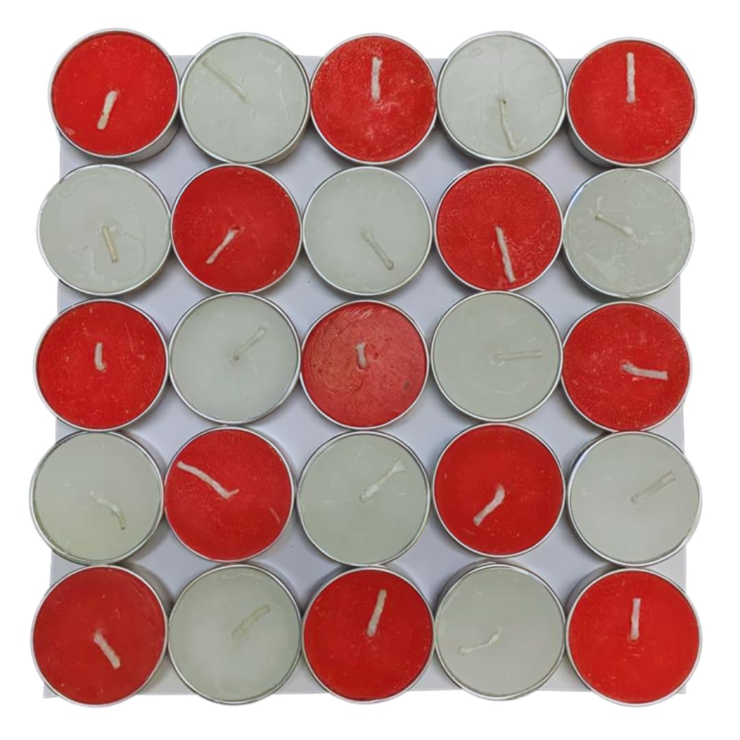 WellSure Eva Paraffin Wax Unscented Tealight Candles, Upto 2-Hours Burn Time, Smokeless, No Residue Small Fragrance Candles for Gifting & Multipurpose Decoration - Red & White (Set of 50)