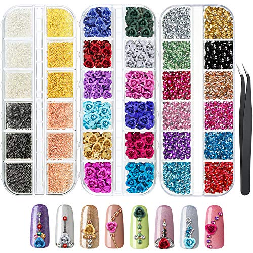 240 Pieces Metal Flower 3D Roses Flowers 12 Colors 2000 Pieces Nail Art Rhinestones Crystal Flatback Rhinestones Nail Micro Caviar Crystal Beads for Nails Fingernails Toenails Decor Manicure Tools