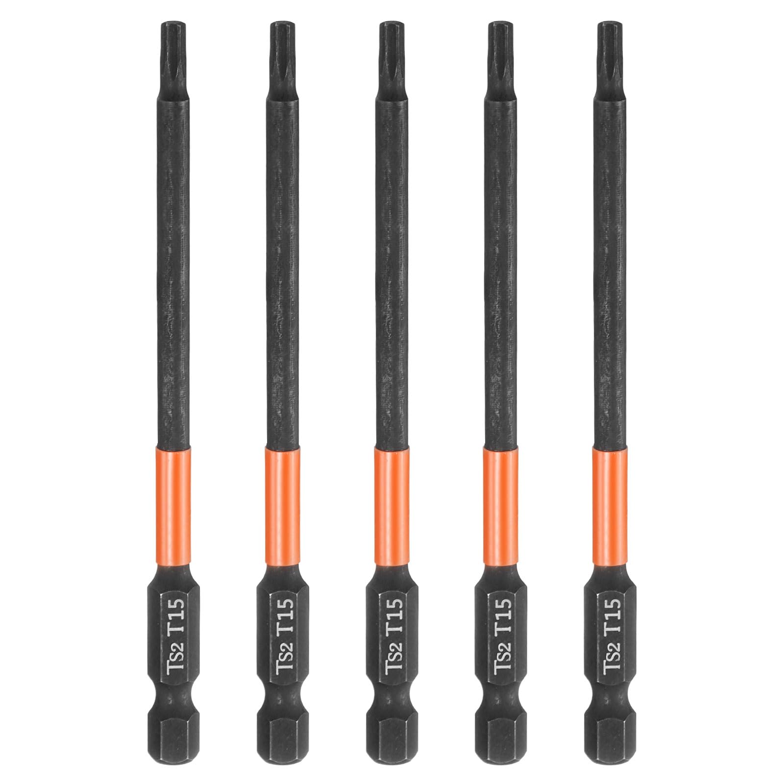 sourcing map 5pcs T15 Torx Head Screwdriver Bit 4" (100mm) Long 1/4" Hex Shank Magnetic No Hole Tamper Proof 6 Point Star Screw Driver Drill Bits Phosphate S2 Steel Industrial Power Tools