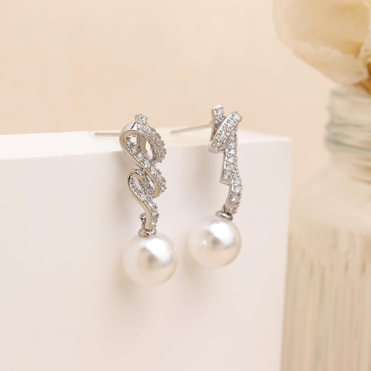 Sonateomber Gold Silver Pearl Drop Dangle Earrings for Women, Sparkly Elegant CZ Rhinestone Spiral Dangling Earings Prom Wedding Fashion Jewelry Gift - Image 4
