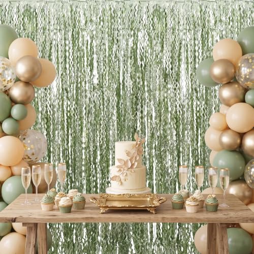 Image of TONIFUL 2Pcs Wavy Matte Sage Green Metallic Foil Fringe Curtains Streamers